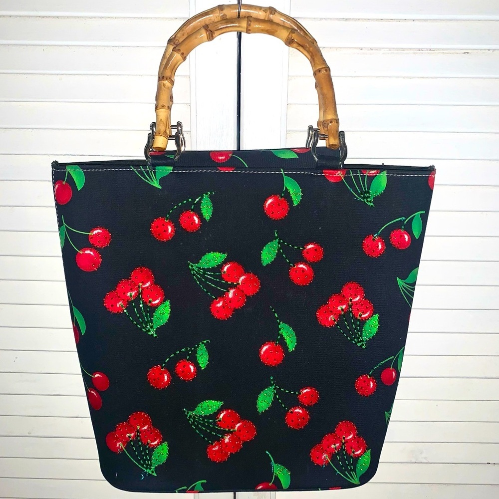 Cherry Red and black bucket purse with bamboo handles 11”X13”